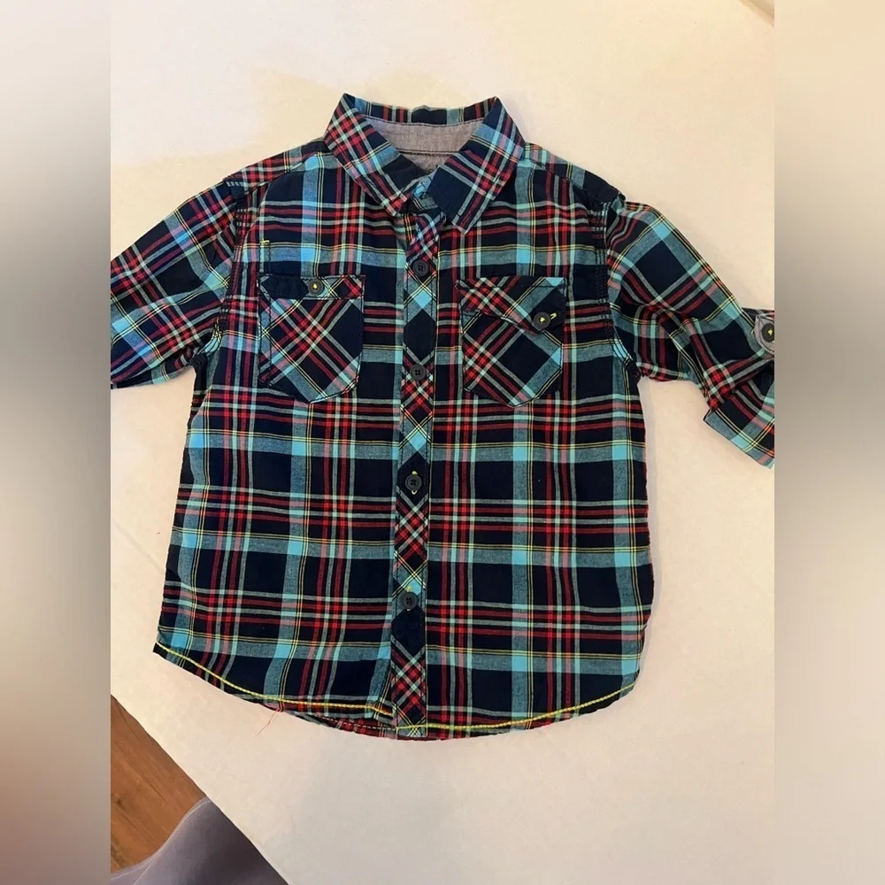 GENUINE KIDS BY OSHKOSH NAVY BLUE/LIGHT BLUE/RED/YELLOW LONG SLEEVE PLAID SHIRT